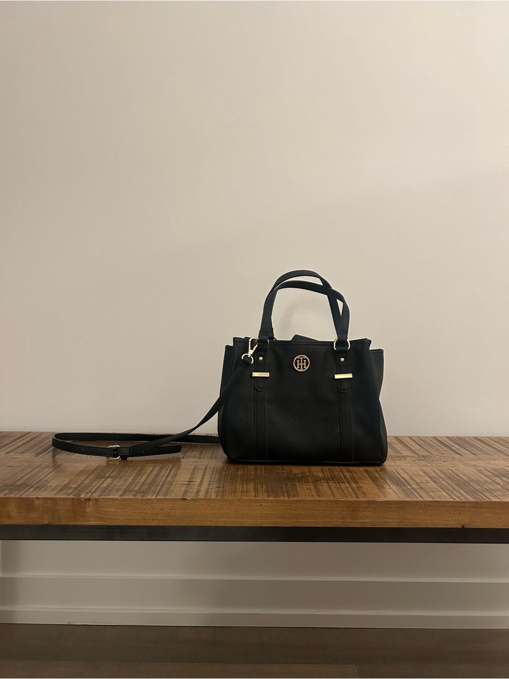 Tommy Hilfiger Black Leather Satchel with Gold-Tone Accents